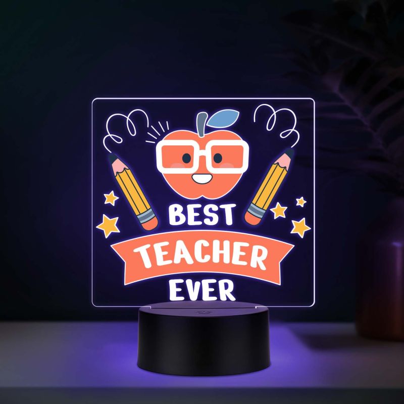 Best Teacher Ever Acrylic LED Lamp with UV Print – Multicolor Gift for Teachers Day, School Teacher Gift Unique Teacher Appreciation Day Gift
